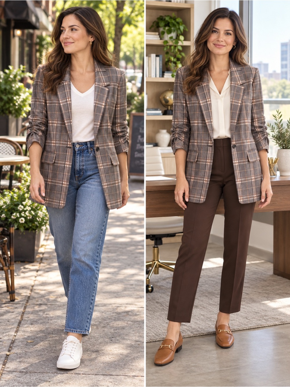 NYCC Plaid Longline Blazer Ruched Sleeves Brown Size Medium
